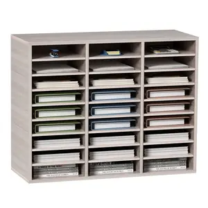 Wood 27-Slot Desk Tidy - File Rack Organizer, Book Organizer, Paper Storage Holder, Office Supplies (Grey)