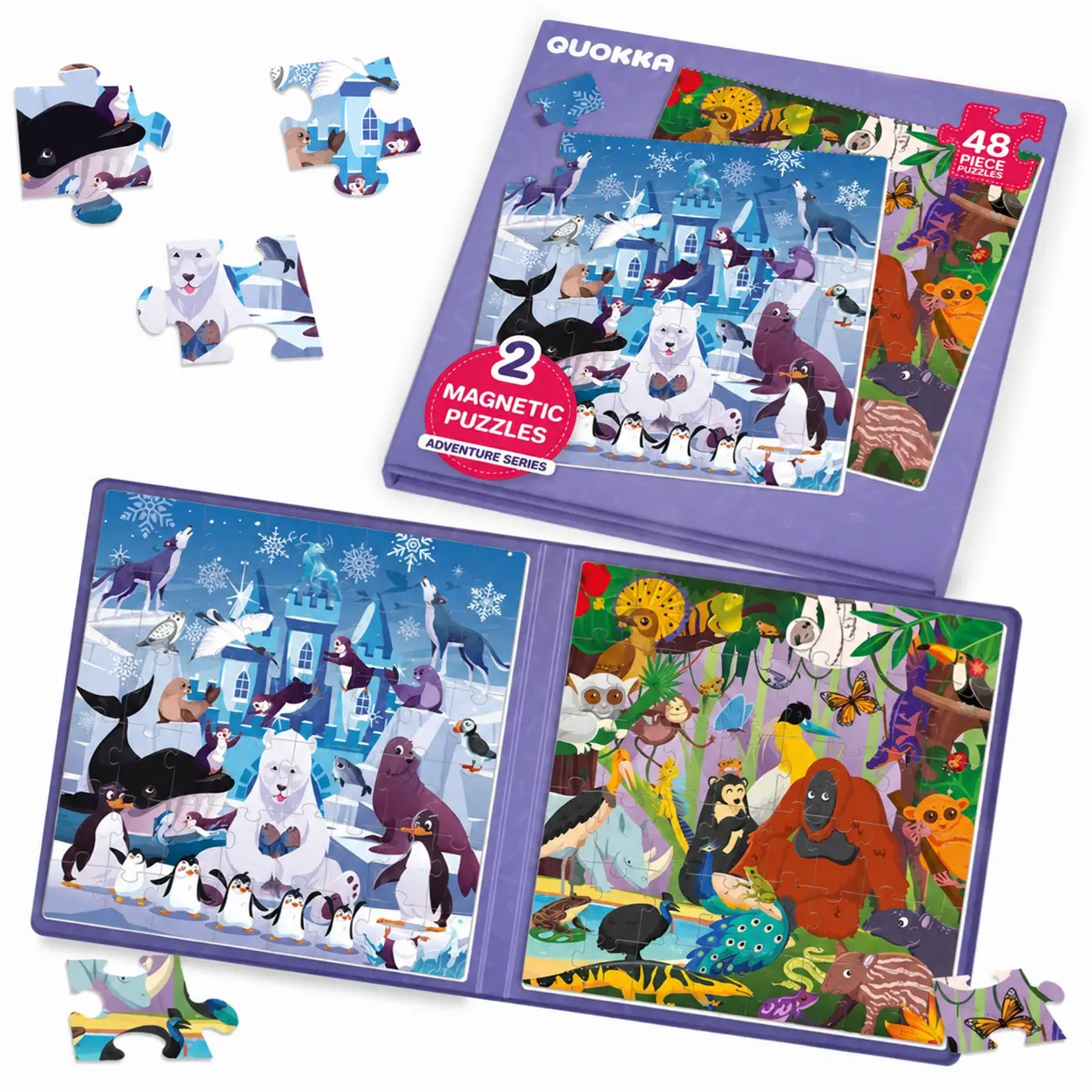 QUOKKA Magnetic Cardboard Puzzle Book - 2 Sets of 48-Piece Animal Shape Multi-Piece Cognitive Jigsaw Puzzles for Toddlers, Rainforest & Polar Themes, Compact Travel/Flight Activity, Visual Skills Toy Interactive Treat Puzzle Creative Puzzle