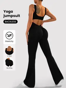 Women's sleeveless with high elasticity, backless, sexy flared pants, sports jumpsuit, Pilates fitness tight yoga jumpsuit, Sporty Comfy Jumpsuit