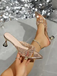 Champagne Gold Rhinestone Pointed Toe Mule Heels for Women, Summer Clear Strap Open-Back Mid-Heel Slides, Elegant Party High Heels Sandals