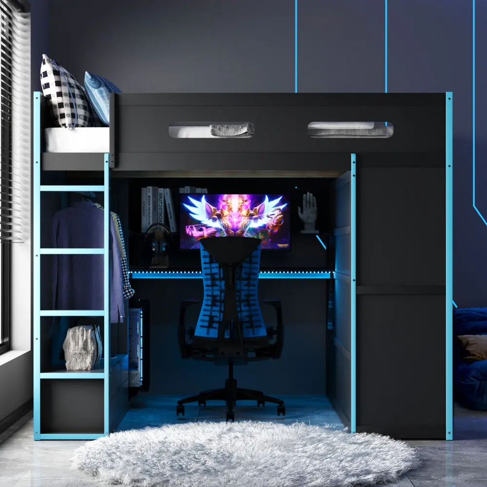 Full-Size Wooden Loft Bed with Built-In Gaming Workstation, Desk, Wardrobe, Ample Storage, USB Ports, LED Light Strips + Modern Corduroy Compression Foam Sofa Couch (Full Size Bed)