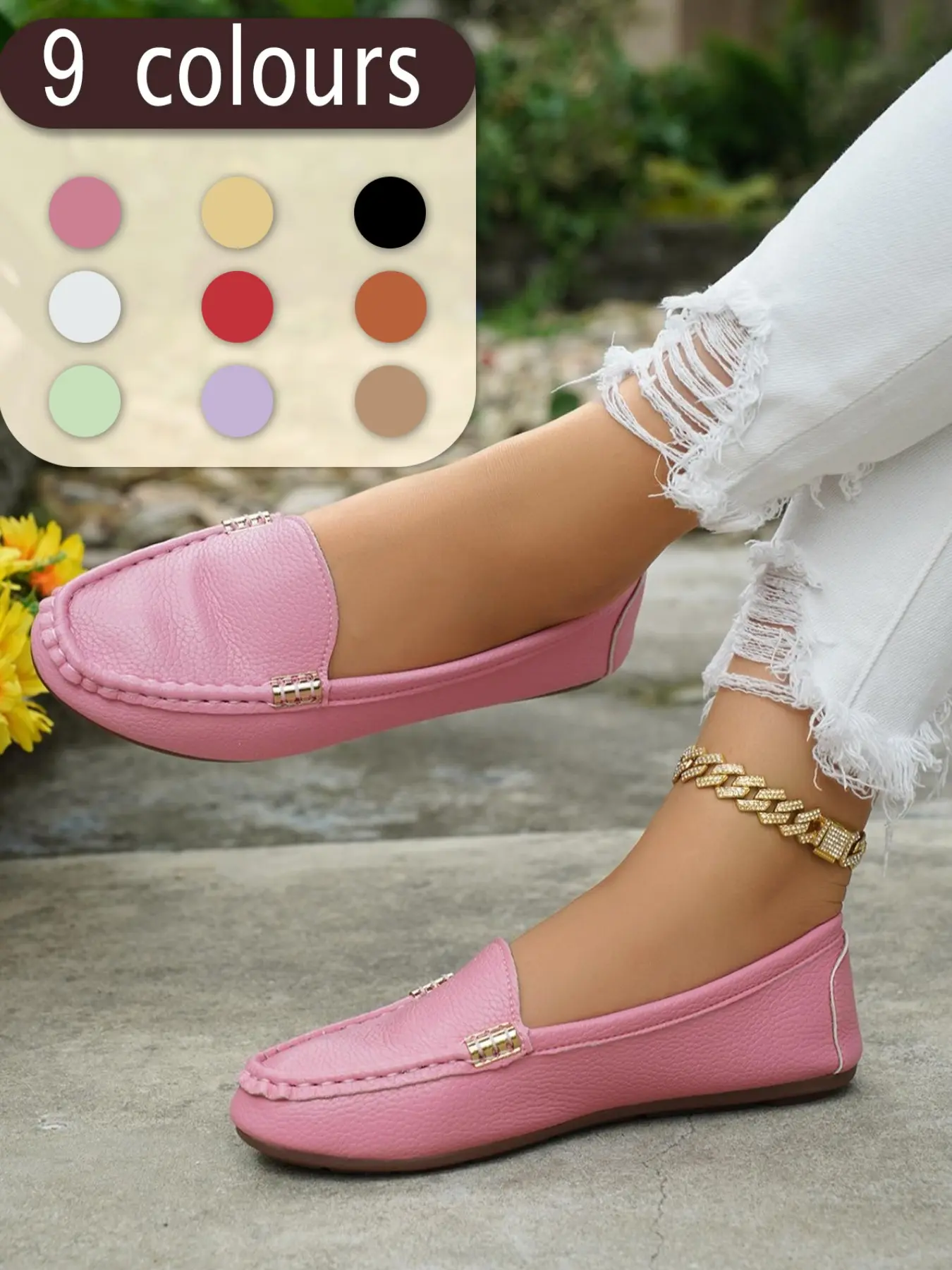 Women's Classic Plain Low Heel Shoes, Fashionable and Sexy, High-End Slanted Metal Chain Decoration, Comfortable Casual Footwear, Everyday Wear Footwear, Slip On Flats