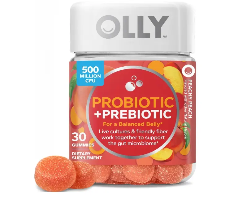 OLLY Probiotic + Prebiotic Gummy Digestive Health Supplement - 500M CFUs, Peachy Peach Flavor, 30 Count