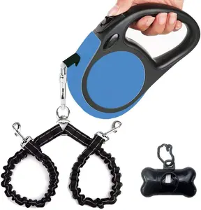 Dual Retractable Dog Leash Small Breed (Up to 44 Lbs Each) - Double Headed 16 Ft Extendable Pet Leash with Poop Bags, Non Slip Grip - One Button Break & Lock, 360° Tangle-Free (Blue, Medium) YaLunpc US