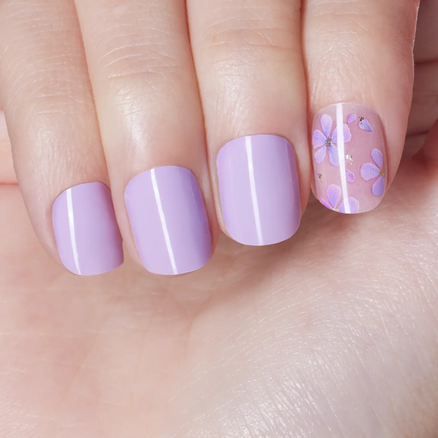 DASHING DIVA Moment in Time Semi-Cured Gel Nail Strips - Lilac & Semi-Sheer Nude with Pressed Flowers and Gold Details