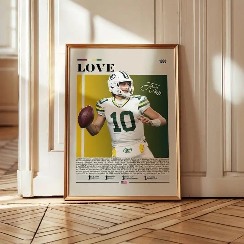 Jordan Love Poster - Green Bay Packers Football Quarterback Photo Paper Wall Decor, 12''x18''/16x24''/24x36 Kid Room Game Day Art, Gift for Football Lovers