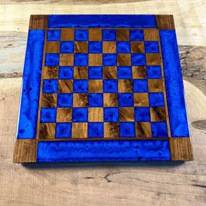 Black Walnut Deep Blue Chess Board Handmade with Pieces 16x16in Epoxy Resin Tabletop Game for Tournament Players