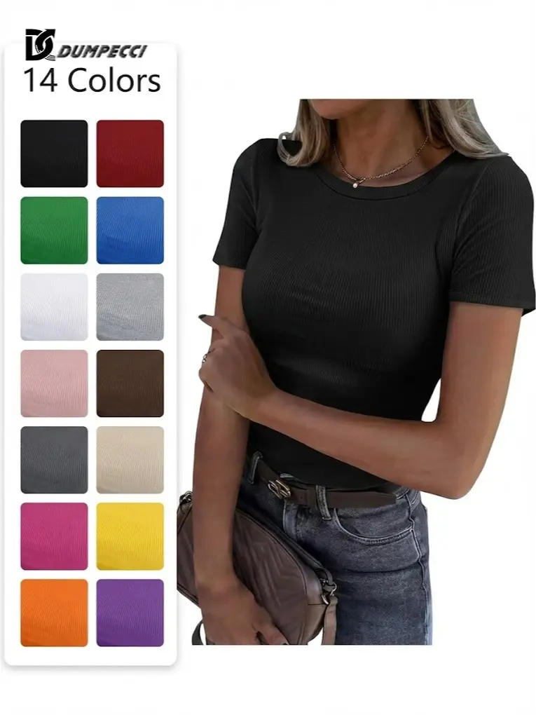 DC DUMPECC Women's Short-Sleeve Round Neck Rib Knit Slim-Fit Basic T-Shirt, 2025 Summer Lady Streetwear Tops for Underscrubs Layering, Casual Daily Wear