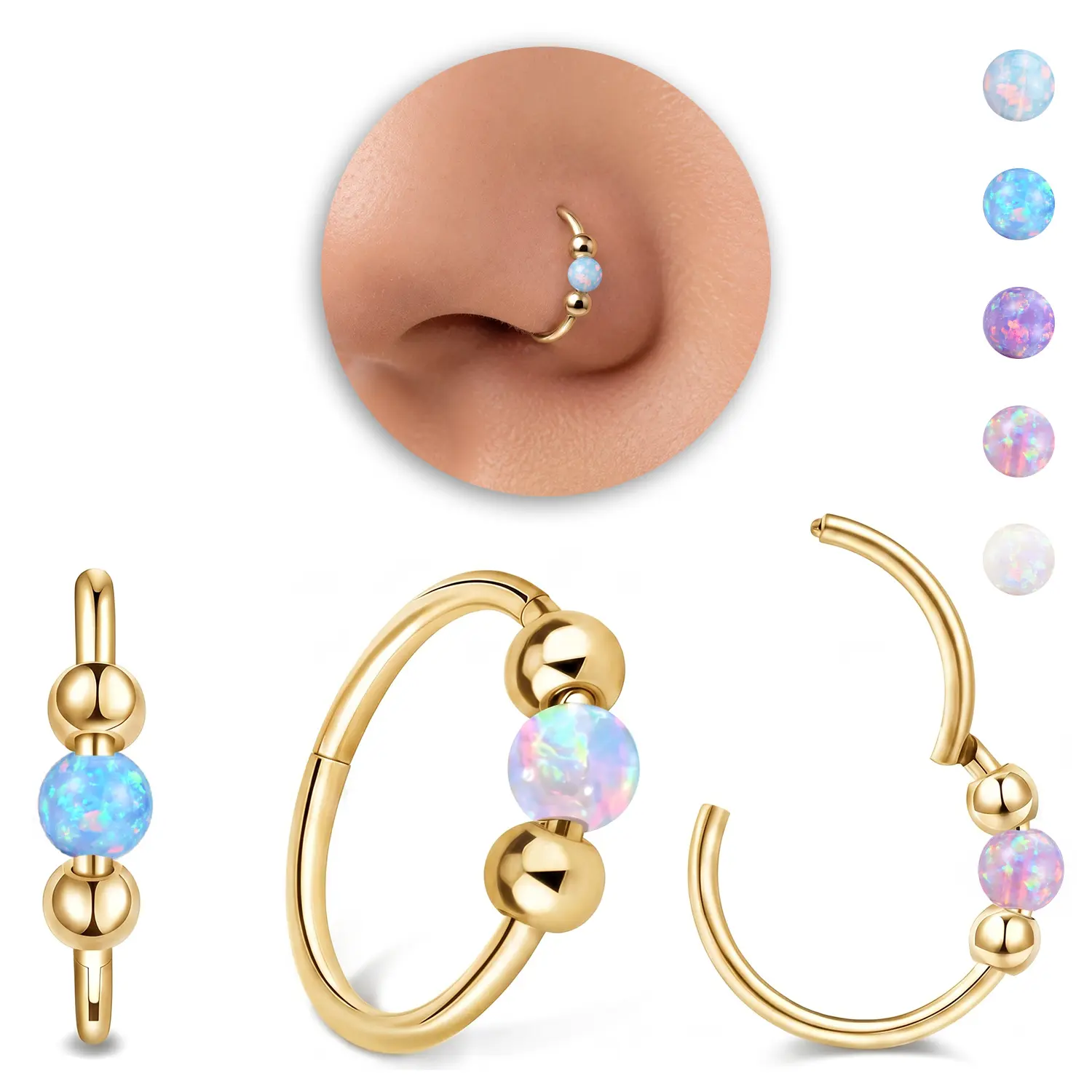 5PCS 18g Opal Nose Rings for Women Nose Hoops 8mm/10mm Hypoallergenic 316L Surgical Steel Nose Rings Piercing Jewelry Can Be Used as a Nose Ring, Septum Ring, and Cartilage Earring
