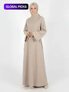 Women's Plain Tie Front Flounce Sleeve Modest Style Dress, Elegant Long Sleeve Round Neck Dress for Spring & Fall, Women's Clothing for Daily Wear, Muslim Women Gowns