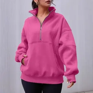 Women's Half Zip Sweatshirts Fleece Stand Collar Long Sleeve Thumb Hole Oversized Pullovers With Pockets S-3XL