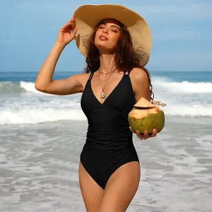 Charmo Tummy Control One Piece Swimsuits for Women Ruched Bathing Suits Strappy V Neck Monokini Women's Ribbed SwimWeek