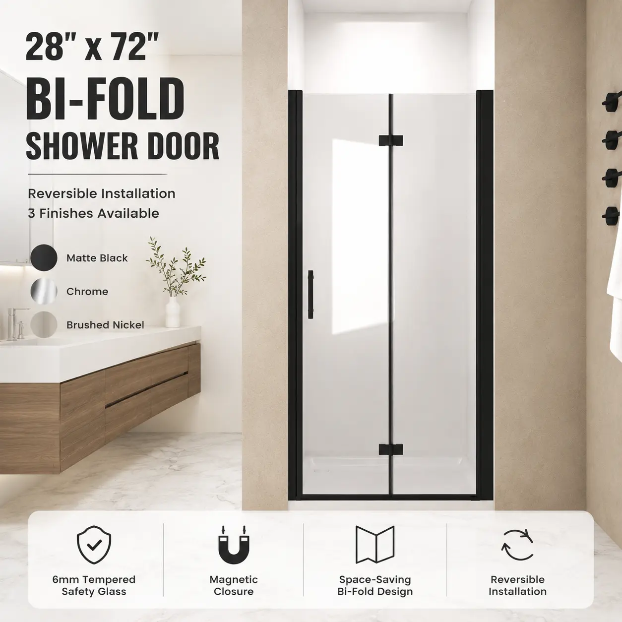 Bathroom Bi-Fold Shower Door, 28"x72" Reversible Installation Space Saver Bathroom Enclosure with 1/4" Tempered Glass, Aluminium Frame, Magnetic Closure