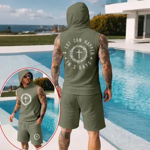 Two-Piece Men’s Summer Set – Sleeveless Hoodie & Shorts with Faith Cross Print, Casual Sportwear, Athletic Outdoor Outfit, Summer Street Style for Men, TikTok Hot Selling