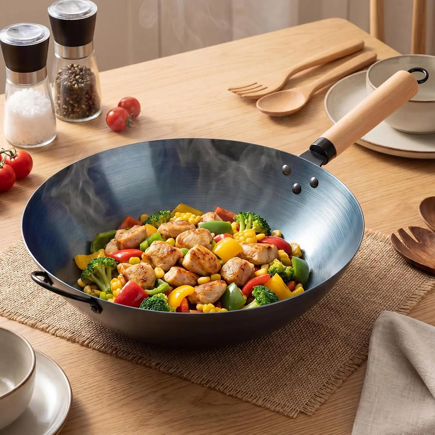 13" Pre-Seasoned Flat Bottom Carbon Steel Wok – Works on Induction, Gas, Electric & Open Fire, Stir Fry Pan for Family Meals, BBQ & Outdoor Cooking