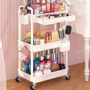 Rolling Makeup Organizer Cart with Removable Drawer, 3 Tier Stable White Floor Skincare Storage Cart for Vanity, Cosmetic Display, Nail Polish, Perfume, Hair Stuff, Beauty, Bathroom(Plastic)