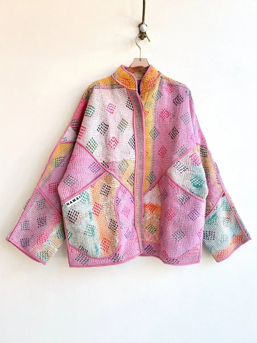 Reversible Ladhiya Quilted Jacket in Colors Pale Pink, Yellow, Cream Diamonds & Sunset Orange, Pink, Yellow