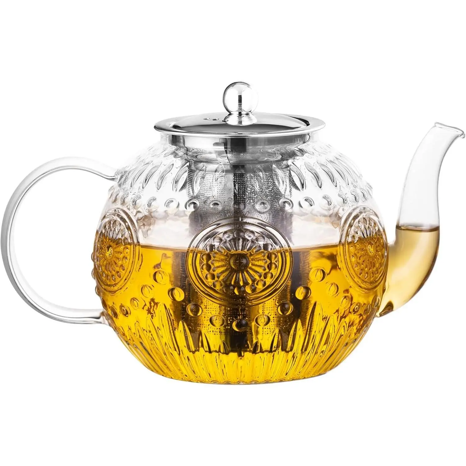 Vintage Glass Teapot with Removable Infuser 50OZ/1500ml Stovetop Safe Borosilicate Glass Tea Kettle for Blooming Loose Leaf Tea Sunflower Design Classic Stylish Serving,summerwins summerwins