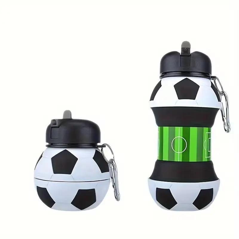Foldable Silicone Soccer Ball Water Bottle for Kids, 18 oz (500-1000 ml) BPA-Free with Easy Carry Clip, Leak-Proof Spout, Portable Sports Drink Bottle