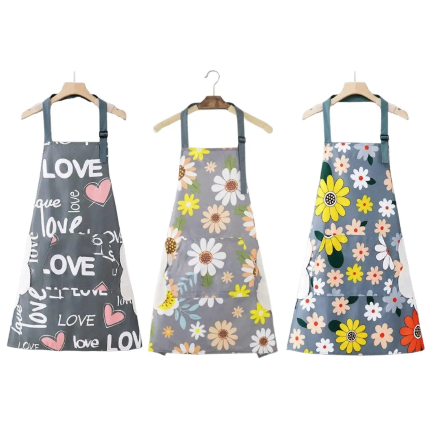 Women's 3-Piece Synthetic Waterproof Antique Flowers Kitchen Cooking Aprons Set - 27.5 in Length, 25.98 in Wide, Adjustable Strap, Pockets, Comfortable Home Improvement Gift for Mother's Day, Birthday