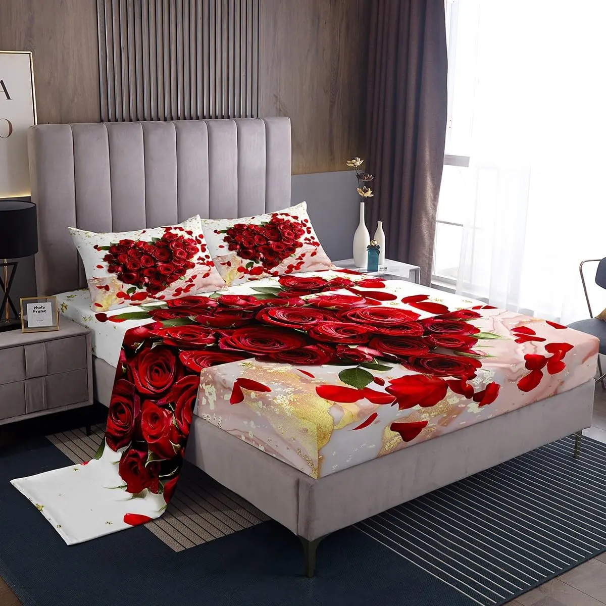Feelyou Valentine's Day Bedding Set - Romantic Rose, Red Heart & Marble Design, Breathable Weave, Deep Pockets, Women's Bedding Accessory, Bedsheets Set