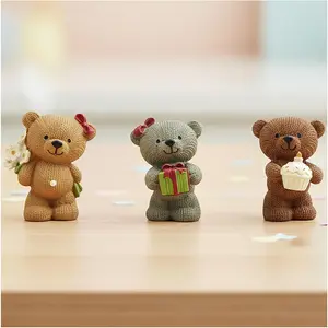 Mini Resin Bear Figurines Set – 3-Piece Cute Bear Holding Cake, Gift & Flowers – Small Animal Statues for Birthday Decorations, Bear Gifts for Women & Home Tabletop Decor