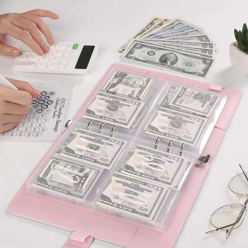 A5 100-Envelope Saving Challenge Binder - Office Accounting Supplies Money Organizer with Zipper Closure, Cash Envelope System for Budgeting & Financial Planning, Practical Versatile Storage Book