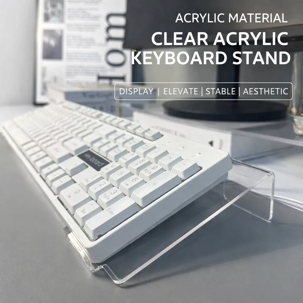 Acrylic Keyboard Stand for Desk, Minimalist Ergonomic Keyboard Riser, Clear Space Saving Desktop Organizer for Comfortable Typing, Modern Home Office Desk Accessories