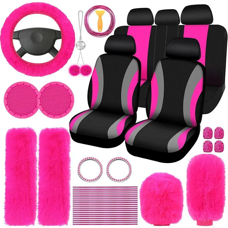 Car Seat Covers & Interior Accessories Set: Thin summer Polyester Five-Seat Car Seat Covers, Plush Steering Wheel Cover and other Ornaments, Car Decor Gift, Car Decorations Interior, Suitable for most cars and SUVs