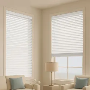 VEVOR Cordless Faux Wood Blinds (cordlessblinds, windowshades) - 2" Slat, 34.5" W x 60" H, with Decorative Board, Easy-to-Clean, Simple Light Adjustment, Room Darkening for Home Interior Windows, White