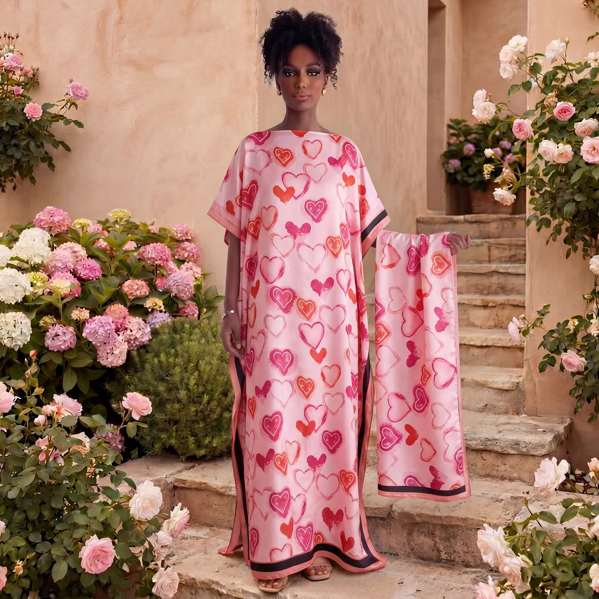Women's Moo Moo Kaftan Maxi Dress Set with Matching Hijab - Sweet Pink Watercolor Hearts Glossy Satin, Silky Loose Fit Breathable Fabric, Short Sleeve Boat Neck Side Split, Modest Ceremony Guest Outfit