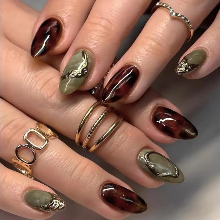 Handmade Elegant Press On Nails, Brown Tortoise Shell and Olive Green Marble Design with Gold Metal Charms, Glossy Almond False Nails, Chic Custom Nail Art, Luxury Everyday & Party Looks