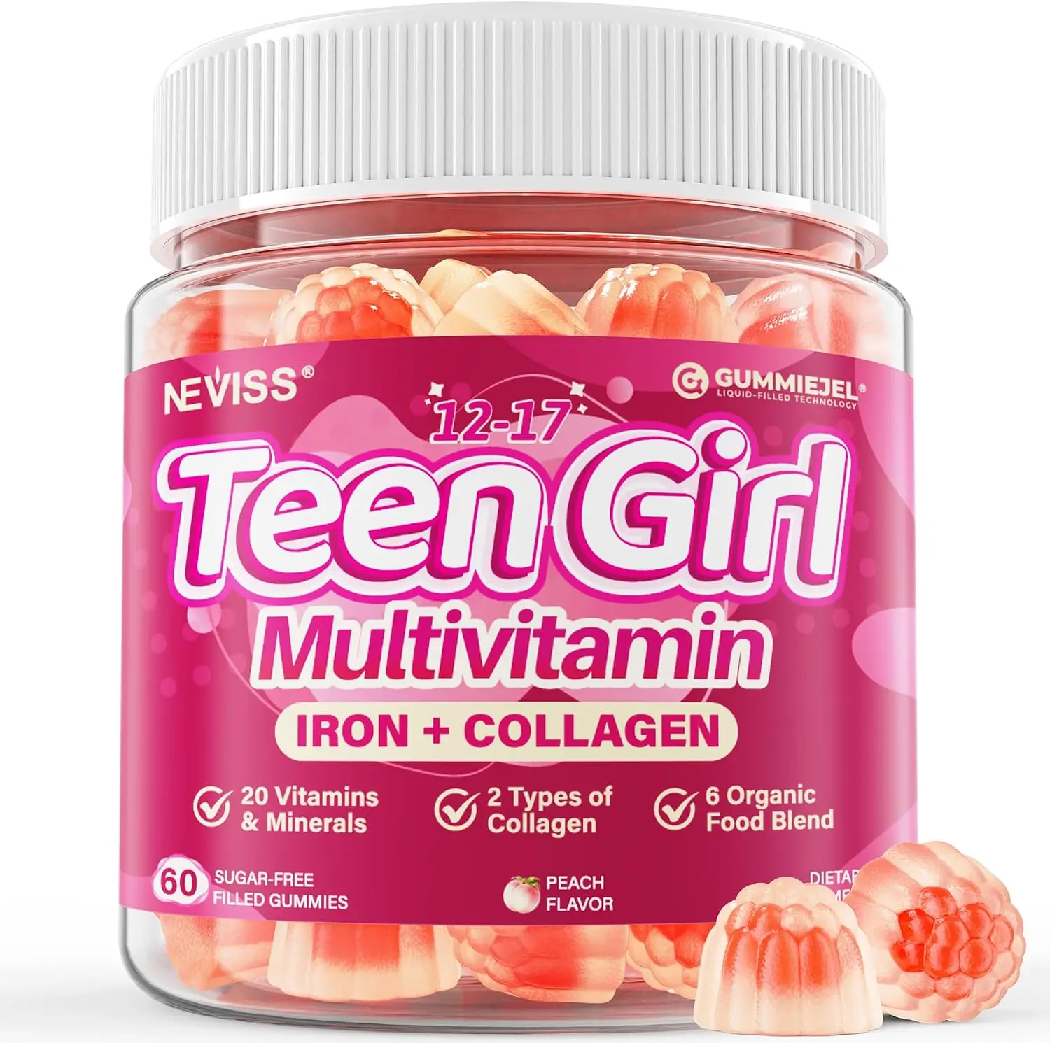 Methylated Multivitamin Gummies for Teen Girls 12-17, Methylfolate, Iron | Collagen, D3 K2, Magnesium, Zinc, Daily Vitamins A C E, B Complex for Teenager Growth, Skin, Bone, Energy - Sugar Free, 60Cts