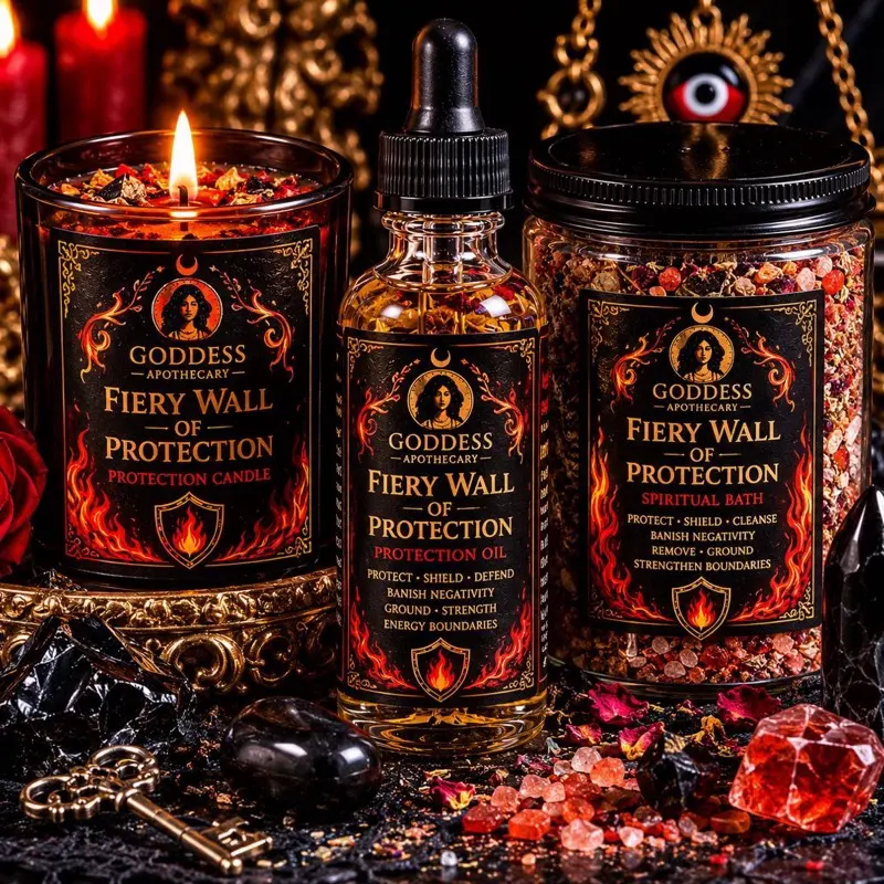 Fiery Wall of Protection Complete Collection - Goddess Apothecary Protection Oil, Candle & Spiritual Bath Supplies with Lavender, Warm Cashmere, Fall Spiced Scents | Home Decor Home Supplies Gift for Business, Wedding Centerpieces | Deodorant Function, Ca