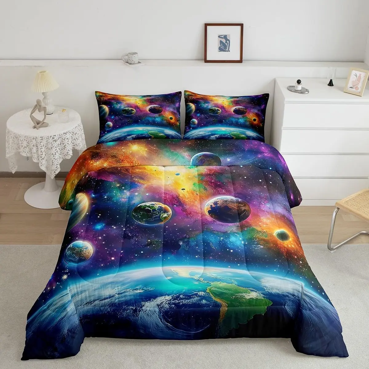 Feelyou Queen Size Microfiber Galaxy Theme Duvet Set - Soft Digital Print Bedding with Planets, Earth, Nebula Decor, Decorative Duvet Cover, Machine Washable for Bedroom Home Decor, Machine Washable Duvet