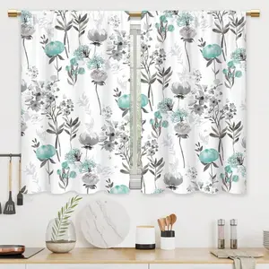 2PCS Boho Blue Flower Kitchen Curtains Rustic Floral Plant Wildflower Bathroom Curtains Window Treatment Drapes Botanical Cafe Small Bedroom Short French Door Curtains