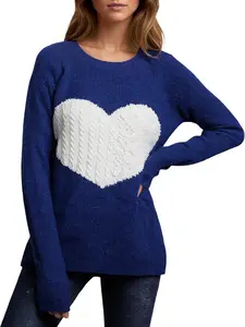 Women's Cute Heart Sweater Love Print Valentine Romantic Knitted Top Casual Crewneck Long Sleeve Sweaters Pullover