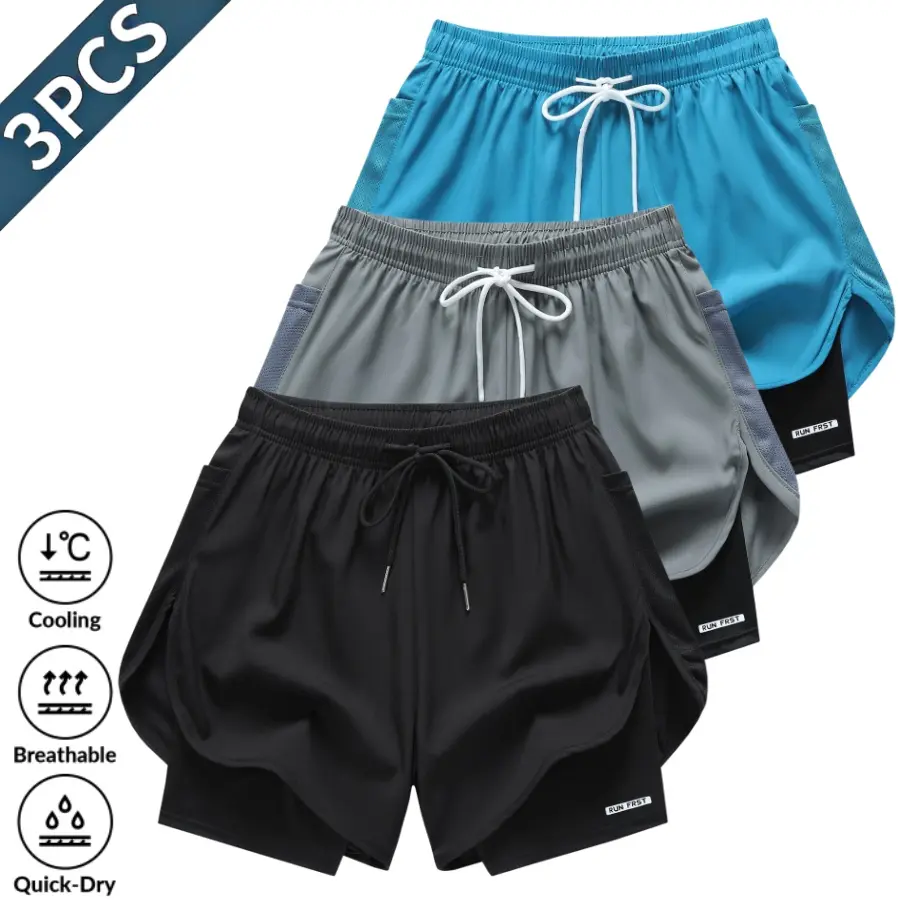 Three piece set of women’s double layer faux two piece athletic shorts—fitness/running style. The double layer faux two piece design creates layered visual effect. Elastic drawstring waistband for free adjustment and a snug fit. Curved, irregular hem enha