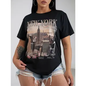 Women's New York cityscape graphic Graphic T-Shirt - 100% Cotton Short Sleeve Crew Neck Regular Fit Casual Wear | Soft & Breathable Fabric, Durable Print, Everyday Comfort, Machine Washable, casual urban streetwear studio fashion shot