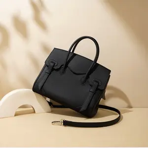 Grainé Élégance Bag - Dark Color Textured Design Two Handles Versatile Style Ideal for Everyday Use Genuine Grained Leather Women Handbags with Detachable Strap