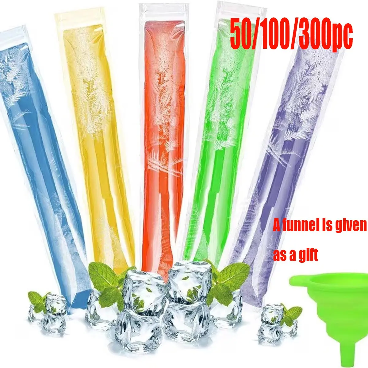 50/100/300pcs food-grade Popsicle bags, DIY add fruits, leak-proof zipper sealed freezing tubes, Kitchen Ice cream funnels, Kitchenware, suitable for ice cream, yogurt, smoothies and juices, with a funnel for easier loading, suitable for outdoor camping