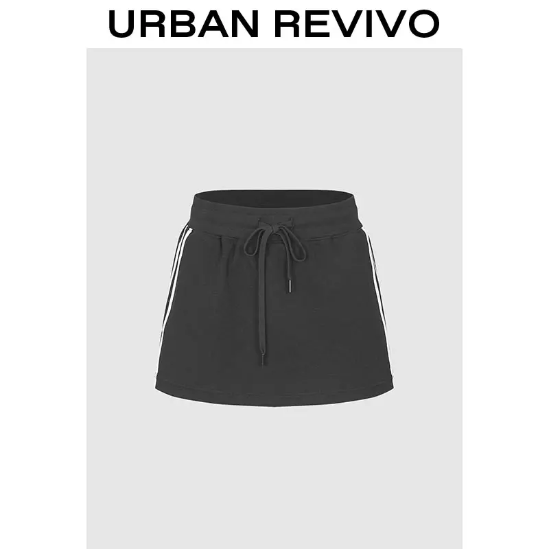 URBAN REVIVO Women's Adjustable-Fit Straight-Cut Skirt with White-Black Side Stripes, Comfortable Drawstring, UYY550019 Spring Chic Casual Basic Bottoms, Everyday