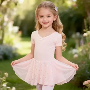 Pink Sparkle Ballet Leotard Dress for Girls - Short Sleeve Bow Back V-Neck Dancewear, Toddler Ballerina Outfit for Recital & Ballet Class