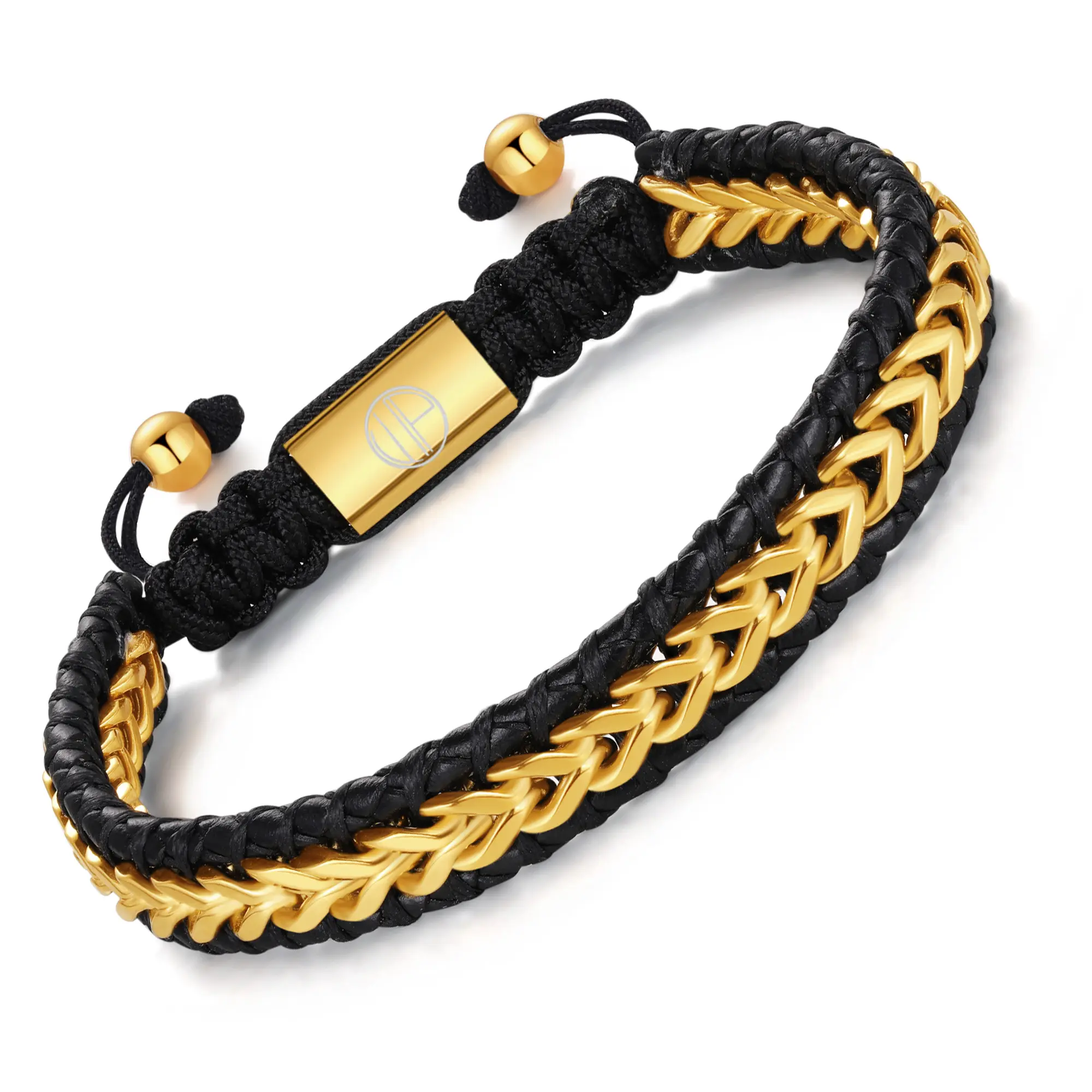 Mens Leather Bracelet 18K Gold Plated Adjustable Franco Chain Link Stainless Steel Handmade Braided Jewelry Gift for Men Size 6.5 - 8 Inch