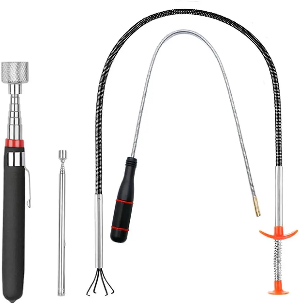 4 Pack Telescoping Magnet Pick-up Tool Set - Retrieving Pickup Tools, Extendable Pick Up Tools, Bendable Spring Magnet Stick, Flexible Extra Long Reach Bendable Curve Grabber with 4 Claws