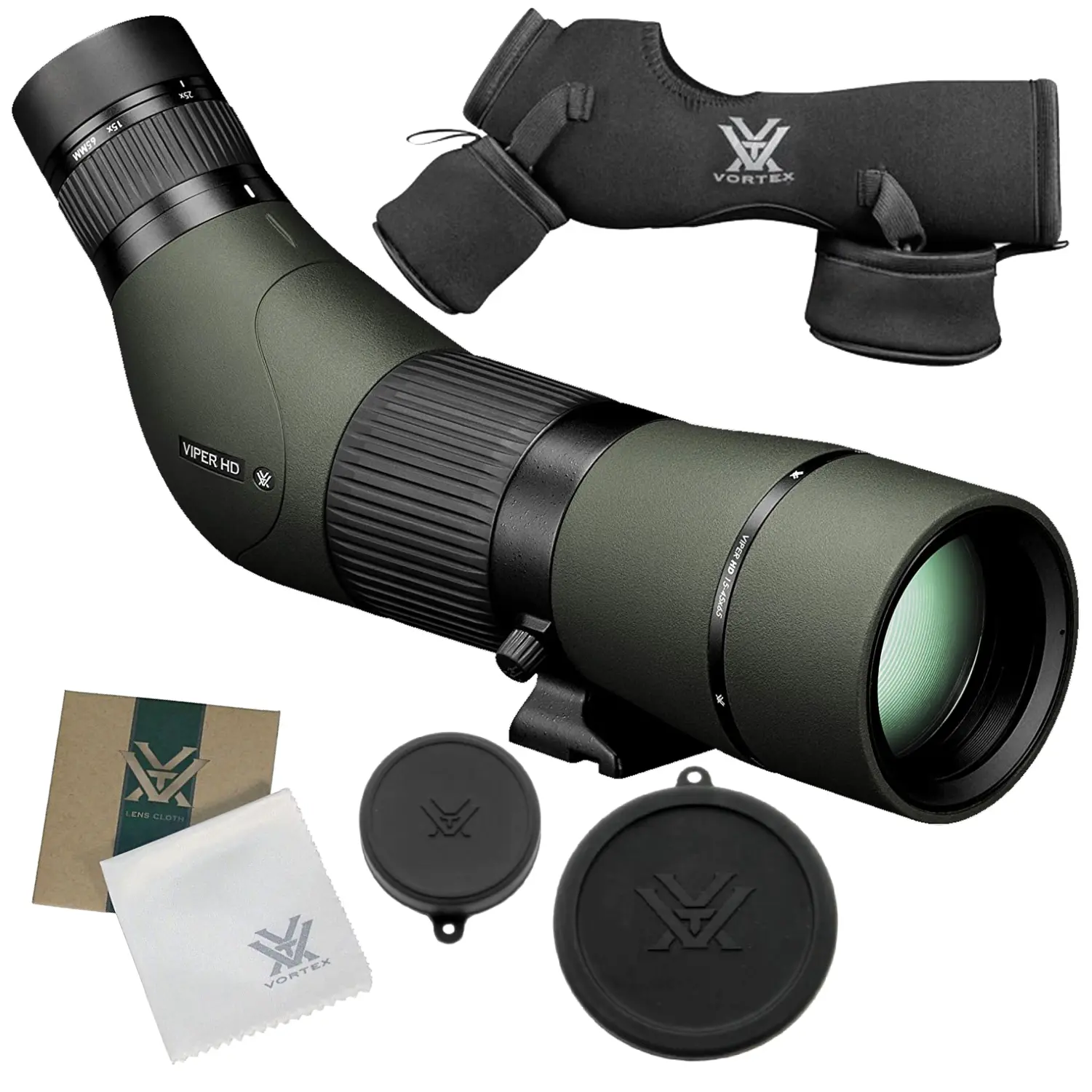 Vortex Optics Viper HD 15-45x65 Angled Spotting Scope (V500) with Free Camo Digital Hat, Tripod, Adjustable Eyecups, Angled Body Design, Arca-Swiss Compatible Mount, Built-In Sunshade, + Free Hat (Camo Digital) + Tripod, Adventure, 12 Months, Coated, Unis