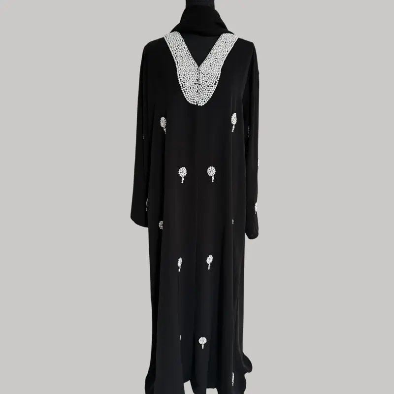 Elegant Black Abaya with Pearl Embellishments Pearl Neckline & Scattered Clusters Lightweight Flowy Material for Weddings Eid Formal Events