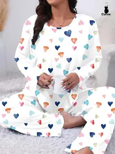 Plus Size Two-Piece Heart Print Pajama Set, Casual Long Sleeve Tee & Pants, Women's Plus Sleepwear & Homewear for Spring & Fall