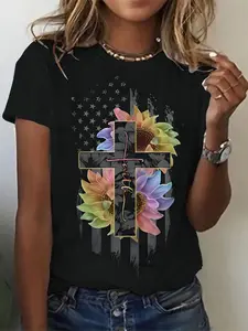 Women's Vintage Sunflower Floral Flag Print Short Sleeve T-Shirt, Casual Fitted Tee, Comfortable Skin-Friendly, Soft, Perfect for American Style Lovers, Womenswear