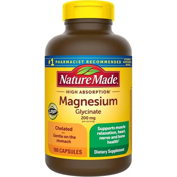 Nature Made Magnesium Glycinate 200 mg per serving, Magnesium Supplement for Muscle, Heart, Nerve and Bone Support, 180 Magnesium Bisglycinate Capsules, 90 Day Supply